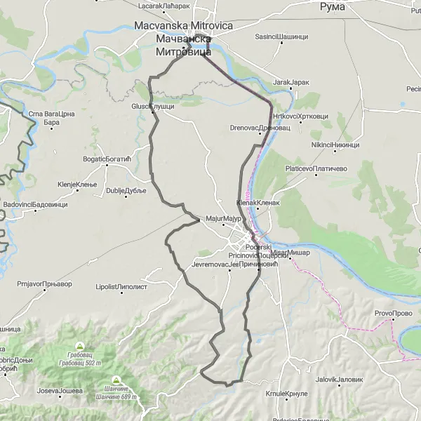 Map miniature of "Sremska Mitrovica - Šabac - Zablace Loop" cycling inspiration in Autonomous Province of Vojvodina, Serbia. Generated by Tarmacs.app cycling route planner