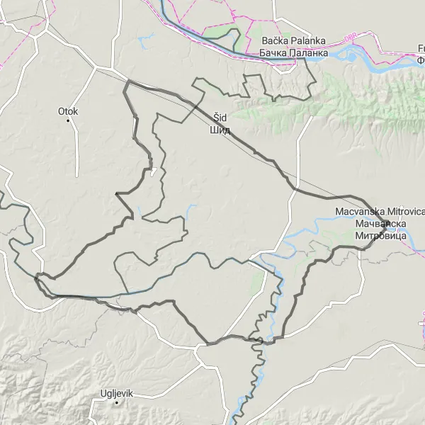 Map miniature of "Sremska Mitrovica Loop" cycling inspiration in Autonomous Province of Vojvodina, Serbia. Generated by Tarmacs.app cycling route planner