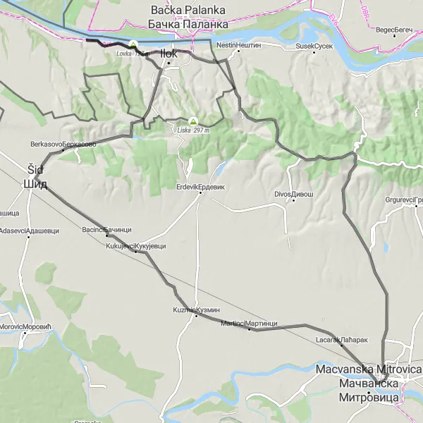 Map miniature of "Martinci - Šid - Ilok Loop" cycling inspiration in Autonomous Province of Vojvodina, Serbia. Generated by Tarmacs.app cycling route planner