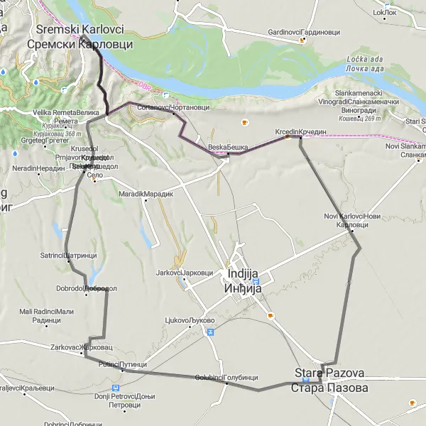 Map miniature of "The Vineyard Adventure" cycling inspiration in Autonomous Province of Vojvodina, Serbia. Generated by Tarmacs.app cycling route planner