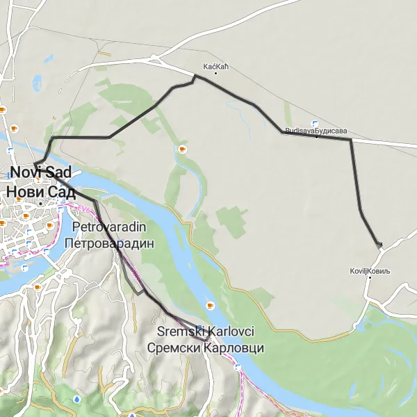 Map miniature of "The Historical Trail" cycling inspiration in Autonomous Province of Vojvodina, Serbia. Generated by Tarmacs.app cycling route planner