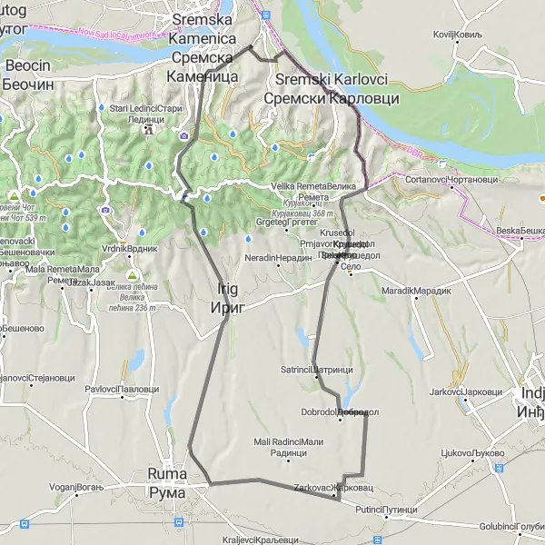 Map miniature of "Historical Road Trip" cycling inspiration in Autonomous Province of Vojvodina, Serbia. Generated by Tarmacs.app cycling route planner