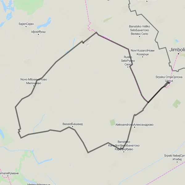 Map miniature of "Nova Crnja to Rusko Selo Loop" cycling inspiration in Autonomous Province of Vojvodina, Serbia. Generated by Tarmacs.app cycling route planner