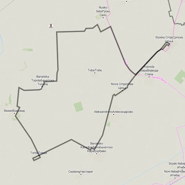 Map miniature of "Exploring the Villages of Banat" cycling inspiration in Autonomous Province of Vojvodina, Serbia. Generated by Tarmacs.app cycling route planner
