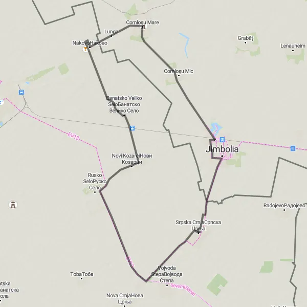 Map miniature of "Srpska Crnja to Jimbolia Express" cycling inspiration in Autonomous Province of Vojvodina, Serbia. Generated by Tarmacs.app cycling route planner