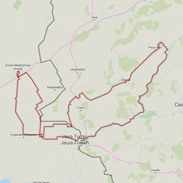 Map miniature of "Giulvăz Gravel Adventure" cycling inspiration in Autonomous Province of Vojvodina, Serbia. Generated by Tarmacs.app cycling route planner