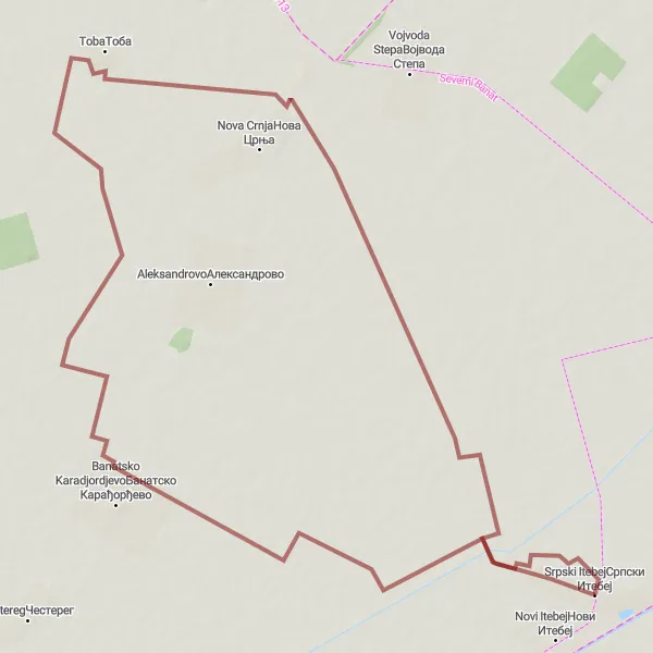 Map miniature of "Rural Charm Expedition" cycling inspiration in Autonomous Province of Vojvodina, Serbia. Generated by Tarmacs.app cycling route planner
