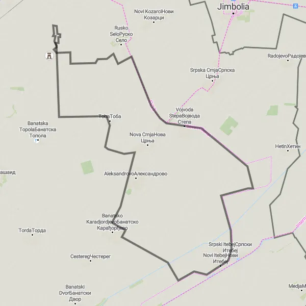 Map miniature of "Novi Itebej Loop" cycling inspiration in Autonomous Province of Vojvodina, Serbia. Generated by Tarmacs.app cycling route planner