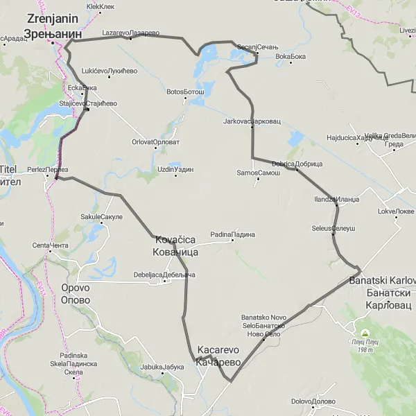 Map miniature of "Banat Hills Loop" cycling inspiration in Autonomous Province of Vojvodina, Serbia. Generated by Tarmacs.app cycling route planner