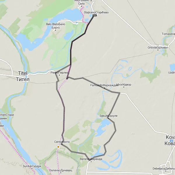 Map miniature of "Farkazdin to Perlez Road Route" cycling inspiration in Autonomous Province of Vojvodina, Serbia. Generated by Tarmacs.app cycling route planner