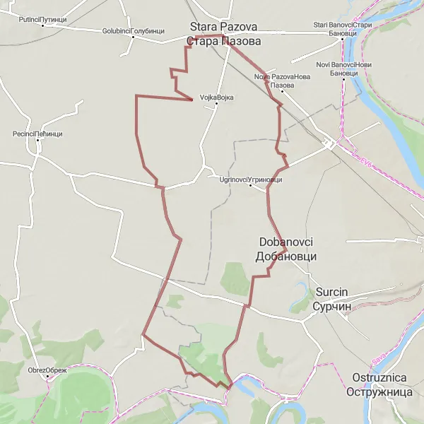 Map miniature of "Gravel Challenge to Busije and Simanovci" cycling inspiration in Autonomous Province of Vojvodina, Serbia. Generated by Tarmacs.app cycling route planner