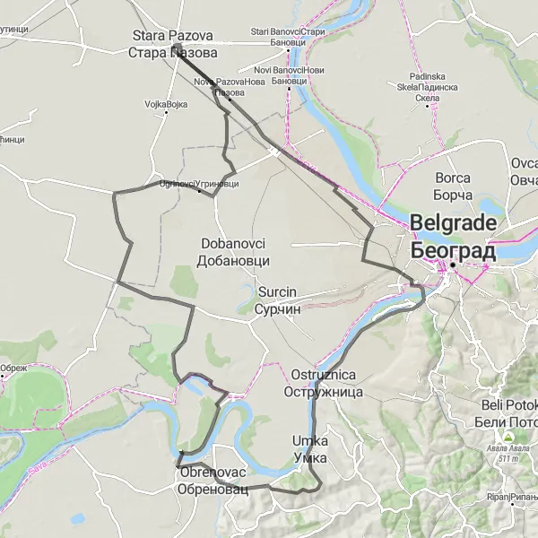 Map miniature of "The Serbian Countryside Discoverer" cycling inspiration in Autonomous Province of Vojvodina, Serbia. Generated by Tarmacs.app cycling route planner