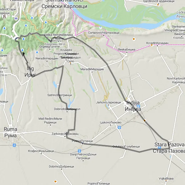 Map miniature of "The Irig Hill Challenge" cycling inspiration in Autonomous Province of Vojvodina, Serbia. Generated by Tarmacs.app cycling route planner