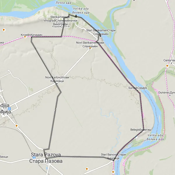 Map miniature of "Road Adventure to Novi Karlovci and Stari Slankamen" cycling inspiration in Autonomous Province of Vojvodina, Serbia. Generated by Tarmacs.app cycling route planner