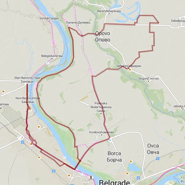 Map miniature of "Gravel Adventure from Stari Banovci" cycling inspiration in Autonomous Province of Vojvodina, Serbia. Generated by Tarmacs.app cycling route planner