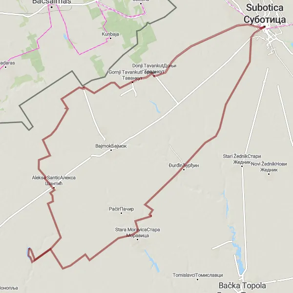 Map miniature of "Aleksa Santic Gravel Loop" cycling inspiration in Autonomous Province of Vojvodina, Serbia. Generated by Tarmacs.app cycling route planner