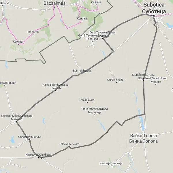Map miniature of "Scenic Road Expedition" cycling inspiration in Autonomous Province of Vojvodina, Serbia. Generated by Tarmacs.app cycling route planner