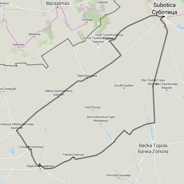 Map miniature of "Subotica Countryside Road Loop" cycling inspiration in Autonomous Province of Vojvodina, Serbia. Generated by Tarmacs.app cycling route planner