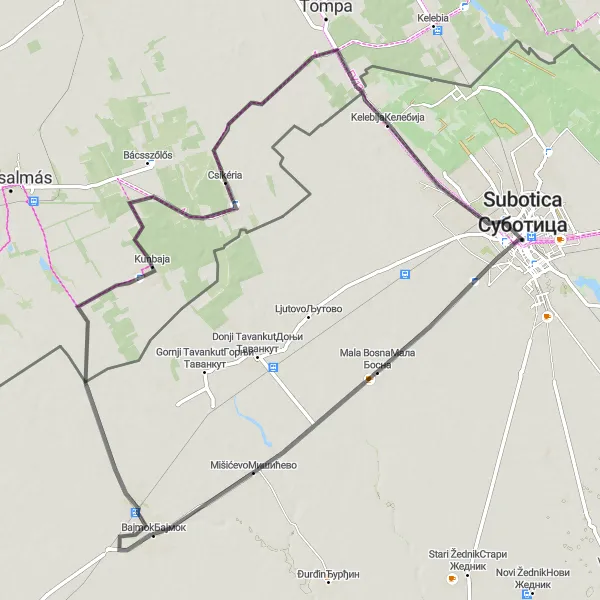 Map miniature of "Kunbaja Scenic Road Loop" cycling inspiration in Autonomous Province of Vojvodina, Serbia. Generated by Tarmacs.app cycling route planner