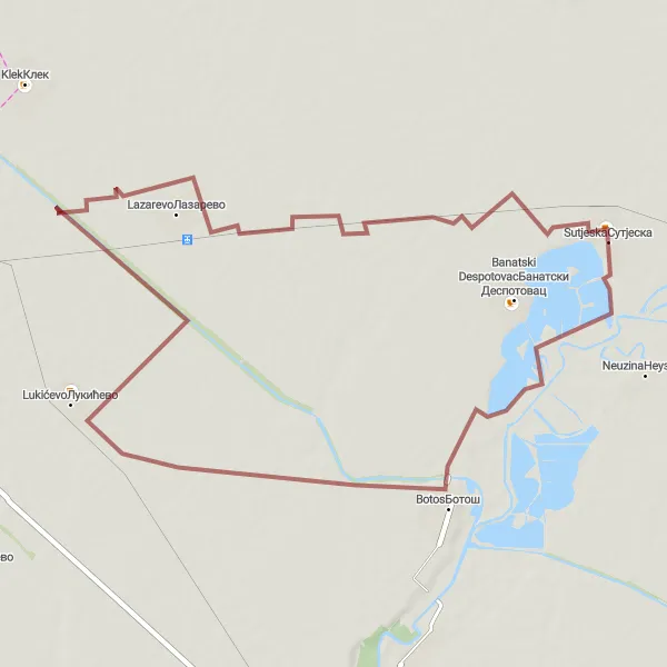 Map miniature of "The Lazarevo Loop" cycling inspiration in Autonomous Province of Vojvodina, Serbia. Generated by Tarmacs.app cycling route planner