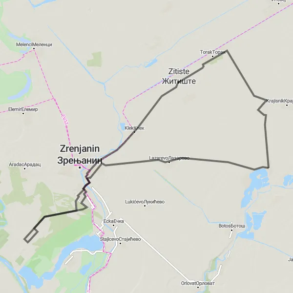 Map miniature of "Countryside Road Cycling Route" cycling inspiration in Autonomous Province of Vojvodina, Serbia. Generated by Tarmacs.app cycling route planner