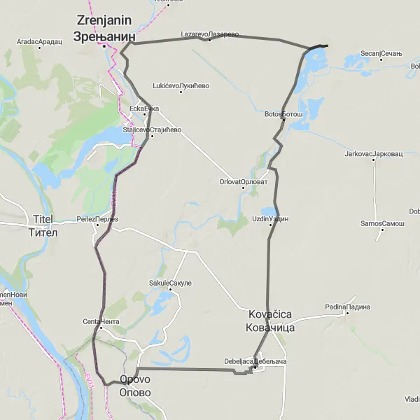 Map miniature of "The Centa Loop" cycling inspiration in Autonomous Province of Vojvodina, Serbia. Generated by Tarmacs.app cycling route planner