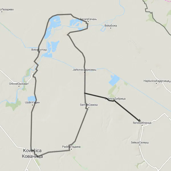 Map miniature of "Banatski Despotovac and Kovačica Road Adventure" cycling inspiration in Autonomous Province of Vojvodina, Serbia. Generated by Tarmacs.app cycling route planner