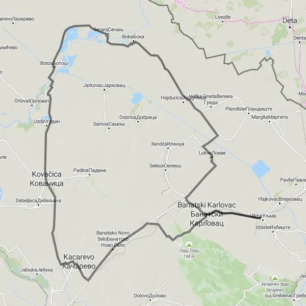 Map miniature of "Banatski Despotovac and Kovačica Scenic Road Loop" cycling inspiration in Autonomous Province of Vojvodina, Serbia. Generated by Tarmacs.app cycling route planner