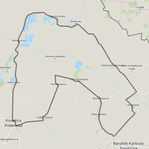 Map miniature of "Tomasevac and Banatski Despotovac Road Journey" cycling inspiration in Autonomous Province of Vojvodina, Serbia. Generated by Tarmacs.app cycling route planner