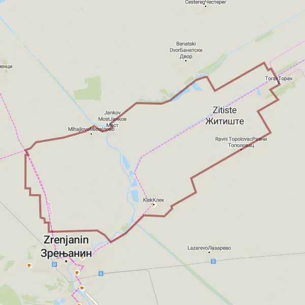 Map miniature of "Torak to Ravni Topolovac via gravel roads" cycling inspiration in Autonomous Province of Vojvodina, Serbia. Generated by Tarmacs.app cycling route planner