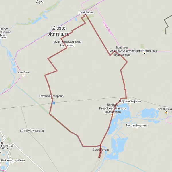 Map miniature of "Torak to Banatsko Visnjicevo via gravel roads" cycling inspiration in Autonomous Province of Vojvodina, Serbia. Generated by Tarmacs.app cycling route planner