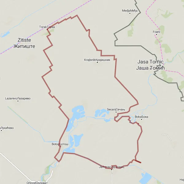 Map miniature of "Secanj Gravel Adventure" cycling inspiration in Autonomous Province of Vojvodina, Serbia. Generated by Tarmacs.app cycling route planner