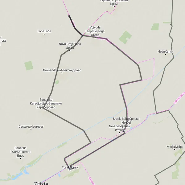 Map miniature of "Banatsko Karadjordjevo Loop" cycling inspiration in Autonomous Province of Vojvodina, Serbia. Generated by Tarmacs.app cycling route planner