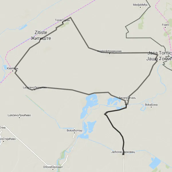 Map miniature of "Krajisnik Explorers' Route" cycling inspiration in Autonomous Province of Vojvodina, Serbia. Generated by Tarmacs.app cycling route planner