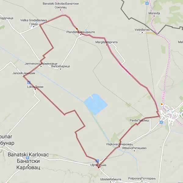 Map miniature of "Gravel Adventure through Uljma" cycling inspiration in Autonomous Province of Vojvodina, Serbia. Generated by Tarmacs.app cycling route planner