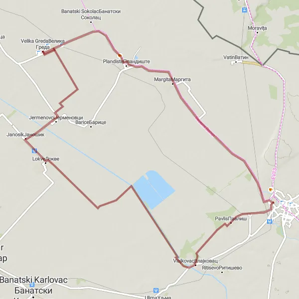 Map miniature of "Gravel Adventure near Velika Greda" cycling inspiration in Autonomous Province of Vojvodina, Serbia. Generated by Tarmacs.app cycling route planner