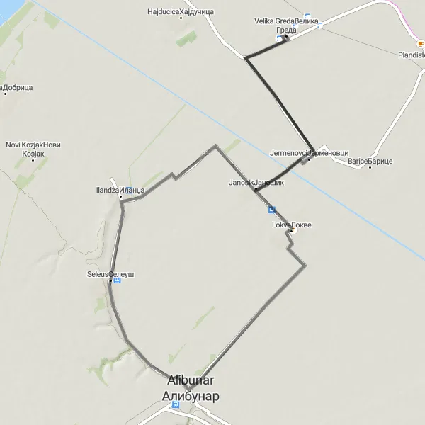 Map miniature of "Serene Countryside Route" cycling inspiration in Autonomous Province of Vojvodina, Serbia. Generated by Tarmacs.app cycling route planner