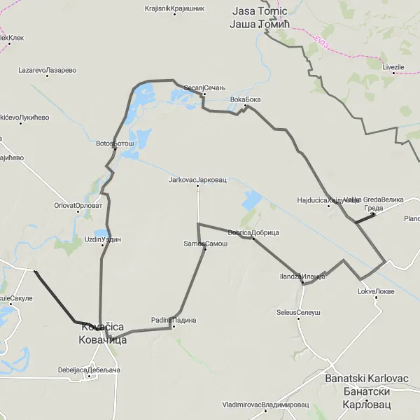 Map miniature of "Great Loop from Velika Greda" cycling inspiration in Autonomous Province of Vojvodina, Serbia. Generated by Tarmacs.app cycling route planner