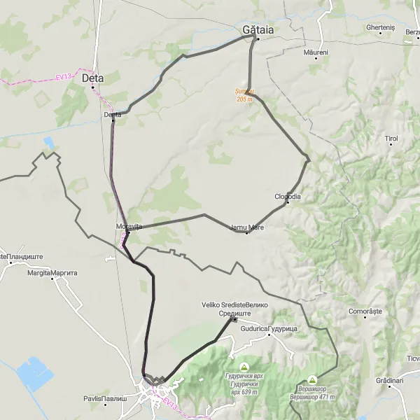 Map miniature of "The Veliko Srediste Loop" cycling inspiration in Autonomous Province of Vojvodina, Serbia. Generated by Tarmacs.app cycling route planner