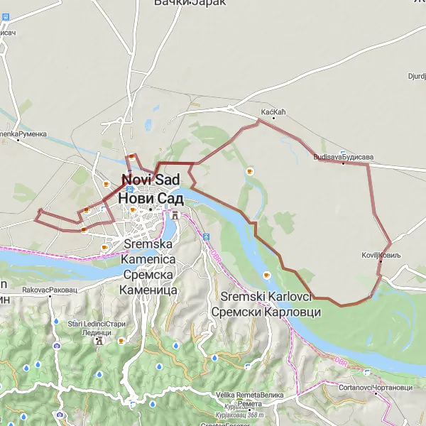 Map miniature of "Gravel Route from Veternik to Kać, Budisava, Kovilj, Subic" cycling inspiration in Autonomous Province of Vojvodina, Serbia. Generated by Tarmacs.app cycling route planner