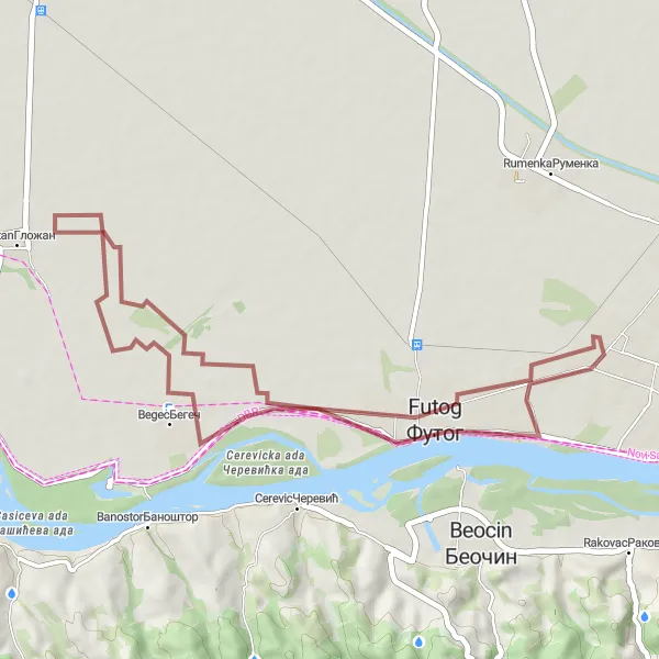 Map miniature of "Gravel Route from Veternik to Futog and Begec" cycling inspiration in Autonomous Province of Vojvodina, Serbia. Generated by Tarmacs.app cycling route planner