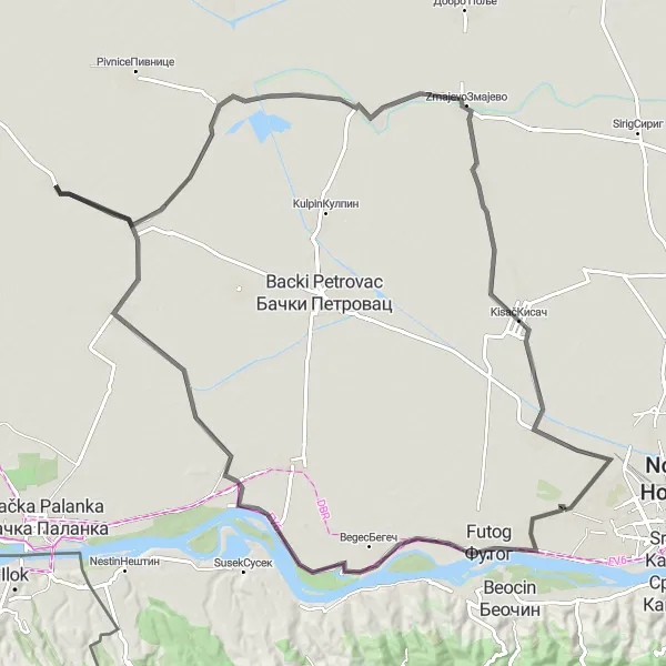 Map miniature of "Road Route from Veternik to Futog, Celarevo, Parage, Ravno Selo, Кисач, and Bangladeš" cycling inspiration in Autonomous Province of Vojvodina, Serbia. Generated by Tarmacs.app cycling route planner