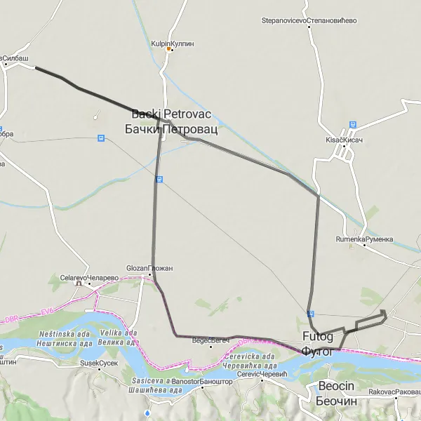 Map miniature of "Road Route from Veternik to Glozan and Backi Petrovac" cycling inspiration in Autonomous Province of Vojvodina, Serbia. Generated by Tarmacs.app cycling route planner