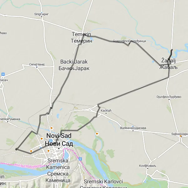 Map miniature of "The Žabalj Road Cycling Experience" cycling inspiration in Autonomous Province of Vojvodina, Serbia. Generated by Tarmacs.app cycling route planner