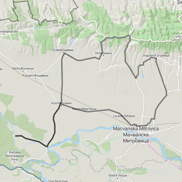 Map miniature of "The Oak Forest Loop" cycling inspiration in Autonomous Province of Vojvodina, Serbia. Generated by Tarmacs.app cycling route planner