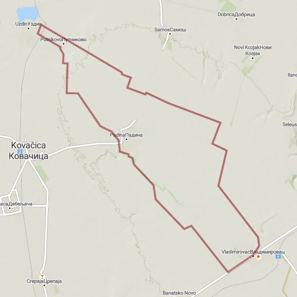 Map miniature of "Rural Gravel Getaway" cycling inspiration in Autonomous Province of Vojvodina, Serbia. Generated by Tarmacs.app cycling route planner