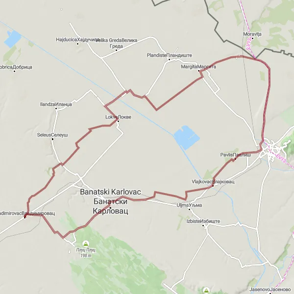 Map miniature of "Vladimirovac Gravel Adventure" cycling inspiration in Autonomous Province of Vojvodina, Serbia. Generated by Tarmacs.app cycling route planner