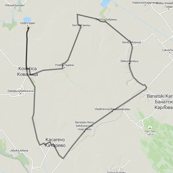 Map miniature of "Serene countryside and historic sites" cycling inspiration in Autonomous Province of Vojvodina, Serbia. Generated by Tarmacs.app cycling route planner