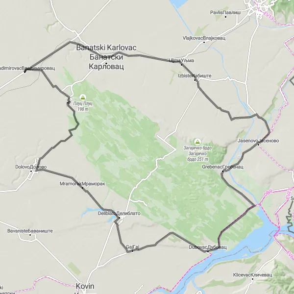 Map miniature of "Road Cycling Expedition" cycling inspiration in Autonomous Province of Vojvodina, Serbia. Generated by Tarmacs.app cycling route planner