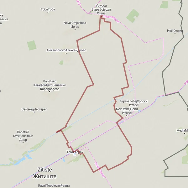 Map miniature of "Scenic Ride to Novi Itebej" cycling inspiration in Autonomous Province of Vojvodina, Serbia. Generated by Tarmacs.app cycling route planner